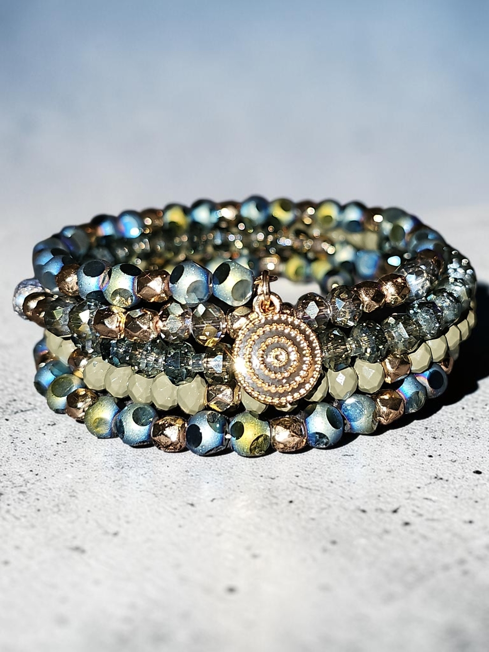 Sassified Boutique Nwt Multistrand Beaded Coil Bracelet with Gold Charm.